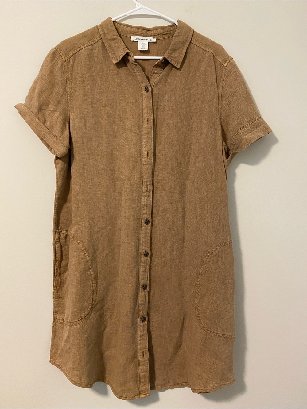 Lucky Brand Tan Linen Blend Button Front Short Sleeve Shirt Dress XL